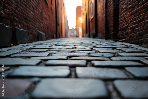 A brick walkway with a view of the city