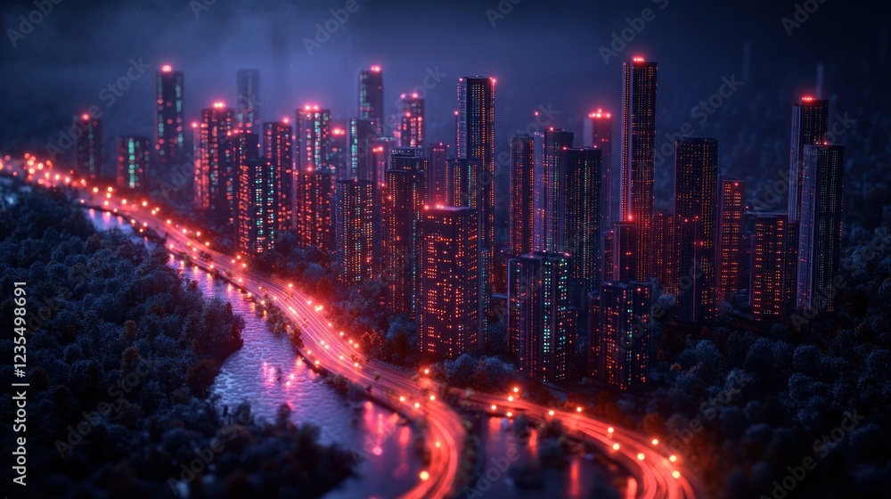 Fototapeta premium Night city skyline with red lights reflecting on river.