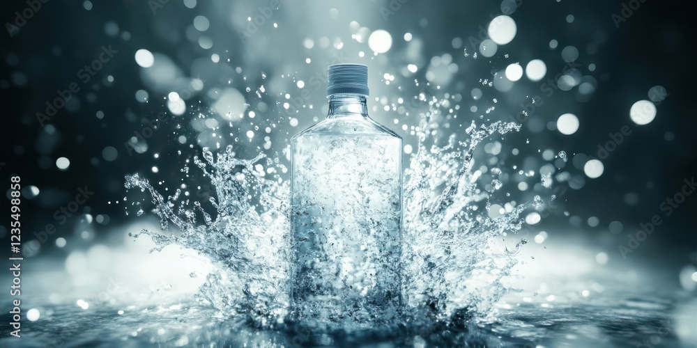 A water bottle splashes into water, creating dynamic droplets and a vibrant scene. A water bottle splashes into water, creating dynamic droplets and a vibrant scene.