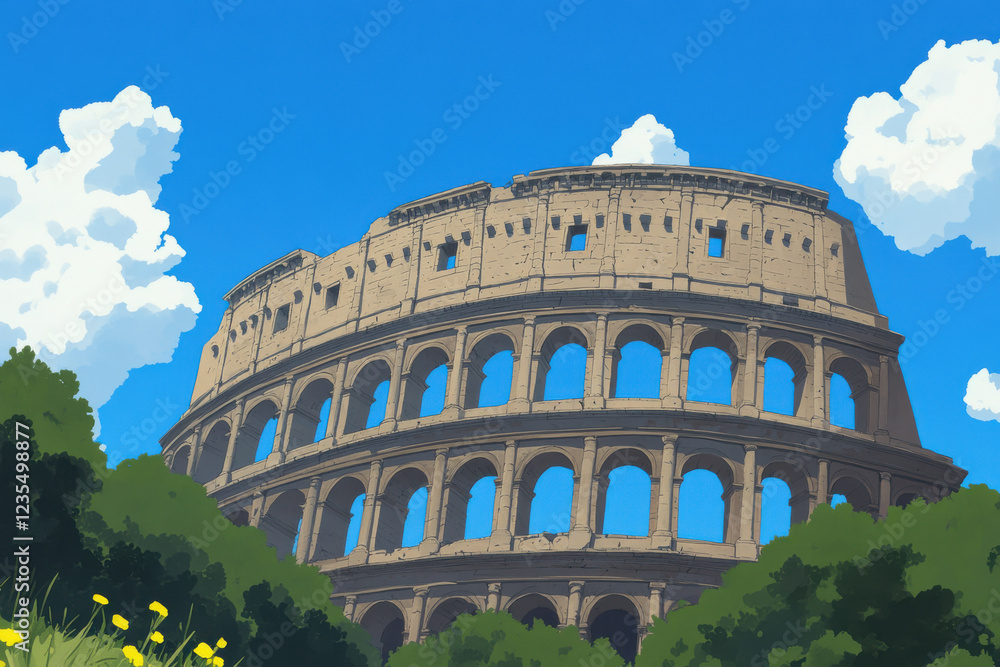 Fototapeta premium A large, ancient Roman amphitheater with a blue sky in the background