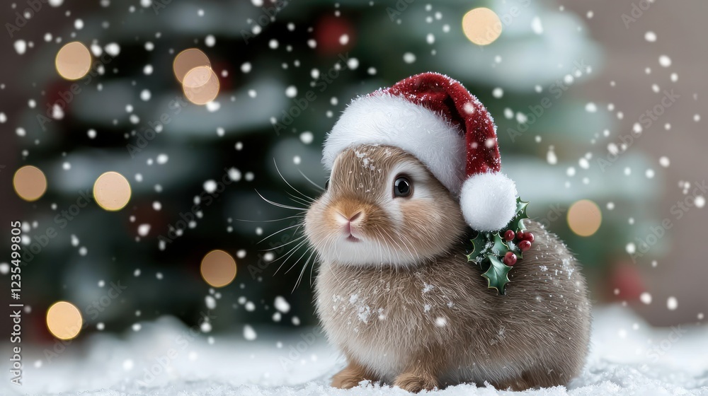 Adorable Brown Rabbit in Santa Hat Amidst Falling Snow and Christmas Lights Adorable Brown Rabbit in Santa Hat Amidst Falling Snow and Christmas Lights