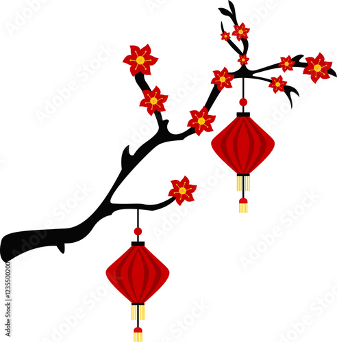 Chinese Lantern Hanging on Blossom Tree