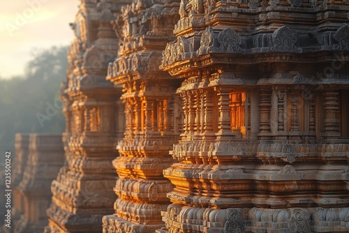 Sunrise illuminates ancient temple stonework, India