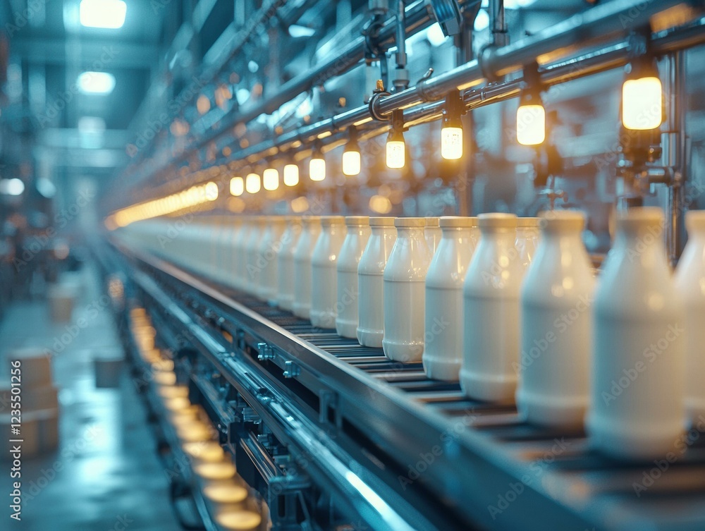 Obraz premium Milk bottles on a conveyor belt. AI.