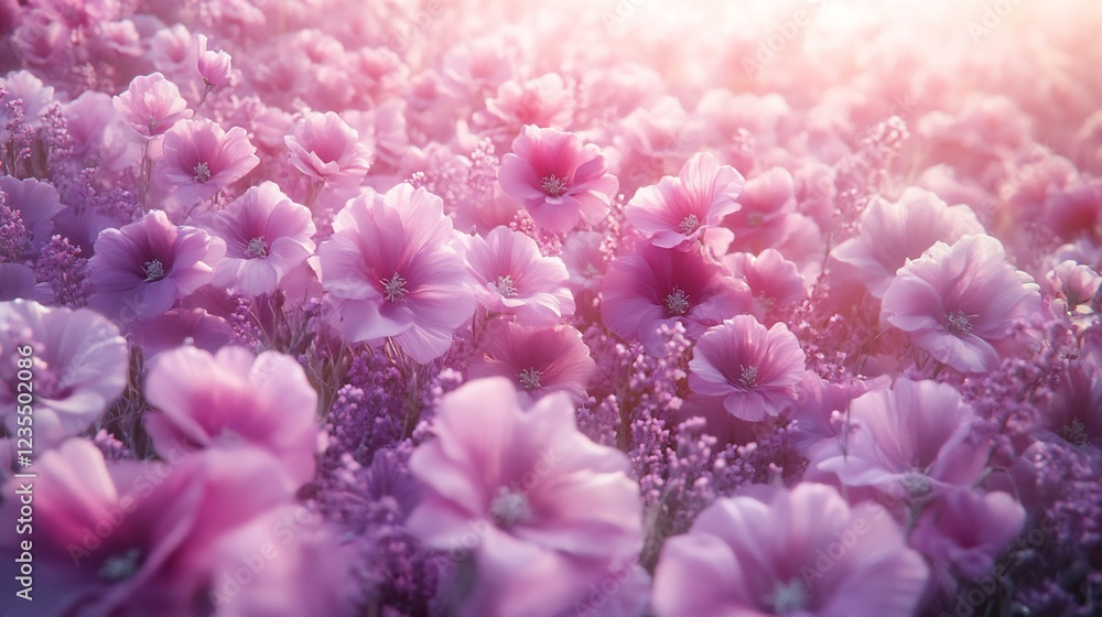 Obraz premium Soft pink poppy field bathed in warm sunlight a dreamy pastel aesthetic. AI Generated