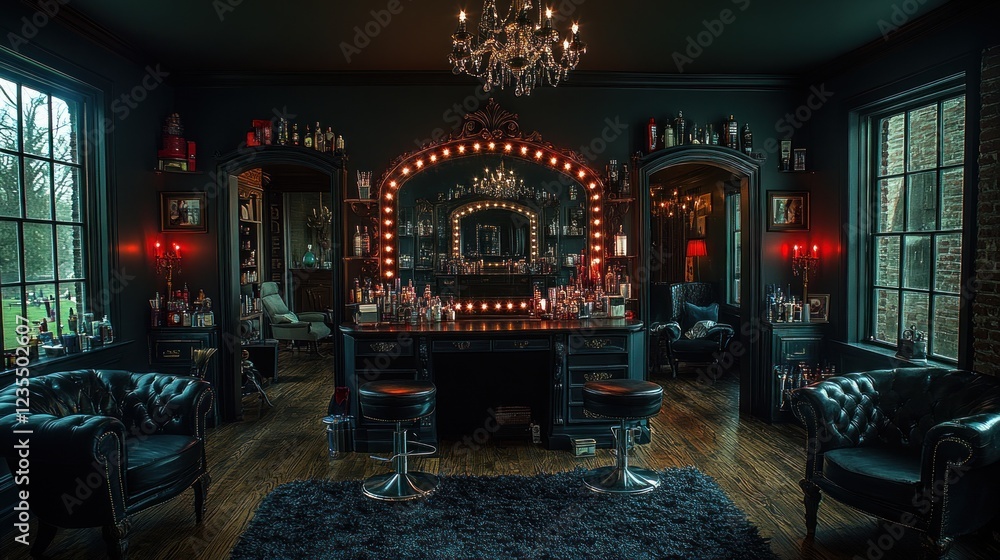 Dark, elegant vanity room with bar. Dark, elegant vanity room with bar.