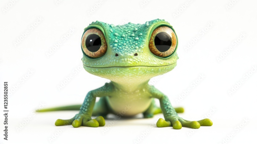 Fototapeta premium Cute cartoon gecko portrait, white background, playful, children's book illustration