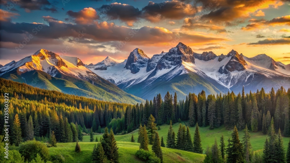 Obraz premium Serene mountain range with snow-capped peaks and lush green forests at sunrise, beauty, nature, beauty, nature, landscape