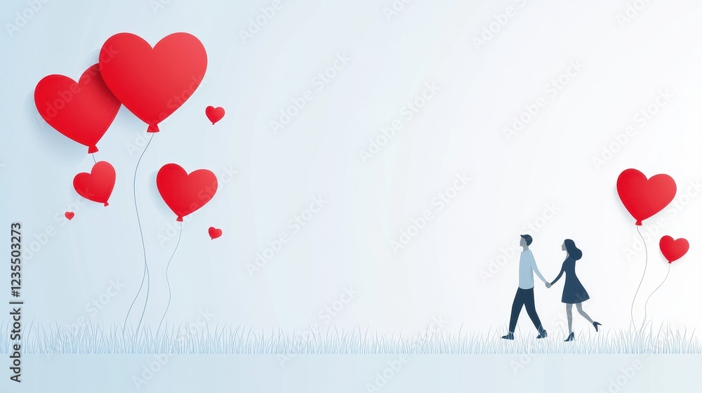 A romantic illustration of a couple walking hand-in-hand, surrounded by red heart balloons against a soft blue background. A romantic illustration of a couple walking hand-in-hand, surrounded by red heart balloons against a soft blue background.