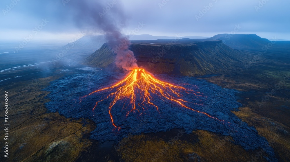 Erupting volcano with lava flows at dusk. Erupting volcano with lava flows at dusk.