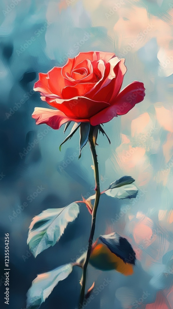 Obraz premium A Single Red Rose Against A Soft Blue Background