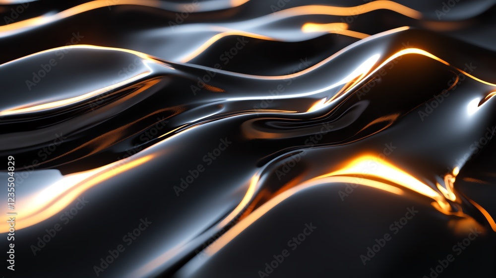 Obraz premium Waves of Glossy Black Material Illuminated by Soft Warm Light Create a Striking Visual Effect in a Studio Setting