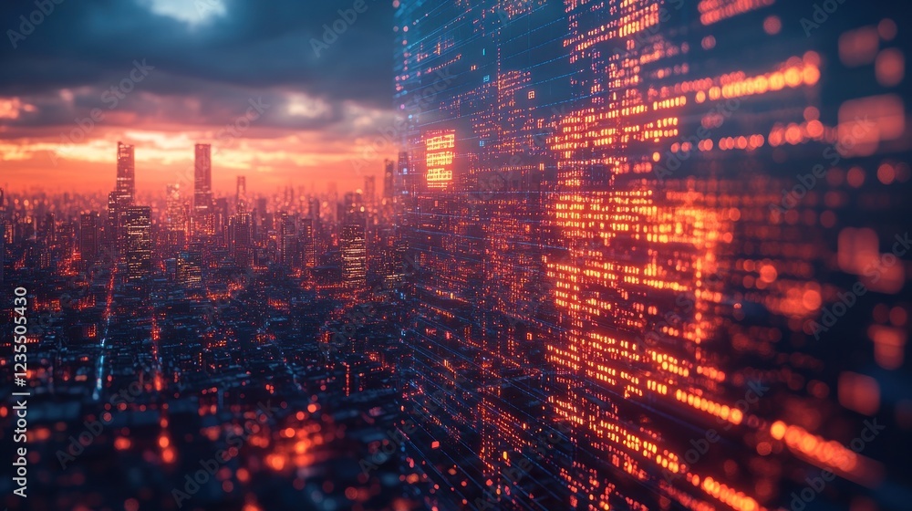 Fototapeta premium Futuristic city skyline with glowing digital code.