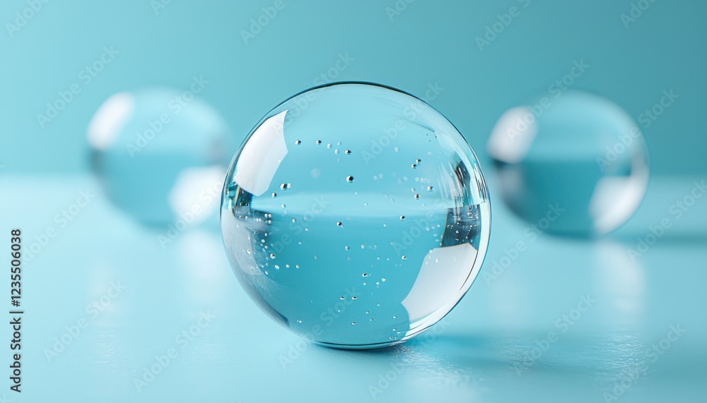 Clear glass spheres with tiny bubbles on a light blue backdrop for abstract backgrounds Clear glass spheres with tiny bubbles on a light blue backdrop for abstract backgrounds