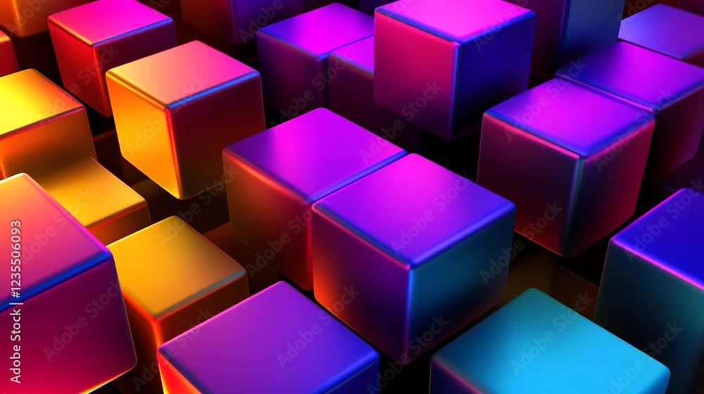 Colorful Arrangement of Geometric Cubes Illuminated With Vibrant Lights in a Creative Design Layout Colorful Arrangement of Geometric Cubes Illuminated With Vibrant Lights in a Creative Design Layout