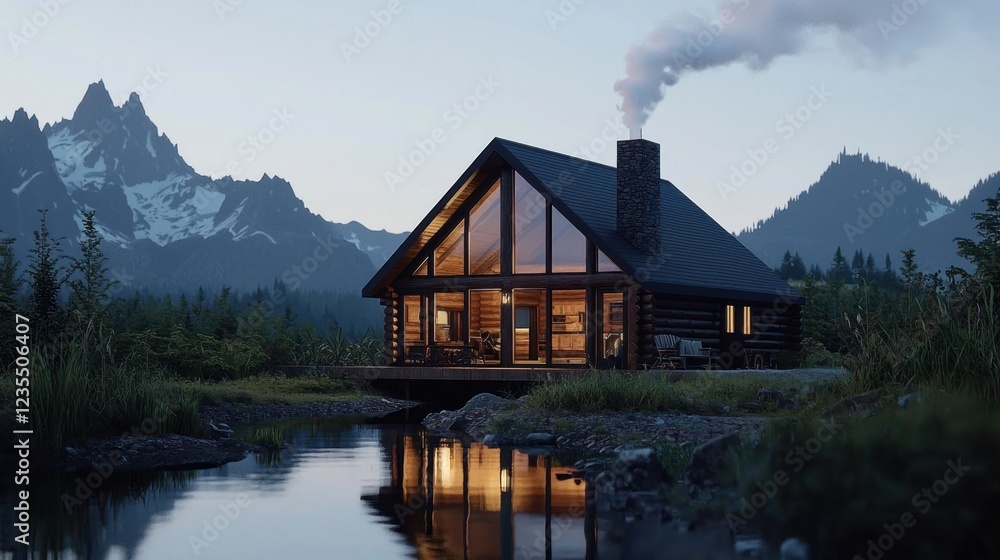 Rustic Log Cabin by a Lake at Dusk in the Mountains Rustic Log Cabin by a Lake at Dusk in the Mountains