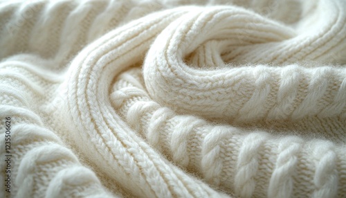 Folded white cable knit sweater texture, close-up, for backgrounds or design