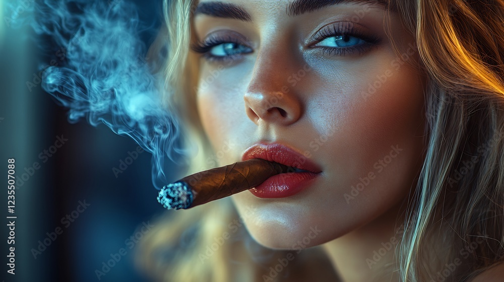 Fototapeta premium Closeup Dramatic Woman Smoking Cigar Blue Light. AI Generated