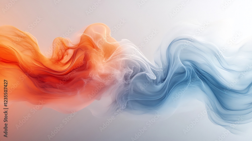 Fototapeta premium Abstract swirling smoke blends cool blues and warm oranges creating a dynamic visual flow. AI Generated