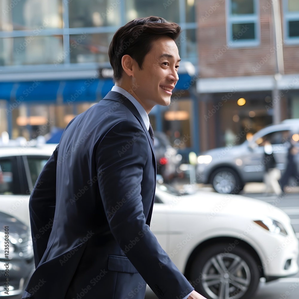 An Asian man is walking leisurely on his way to work. He is smiling. An Asian man is walking leisurely on his way to work. He is smiling.