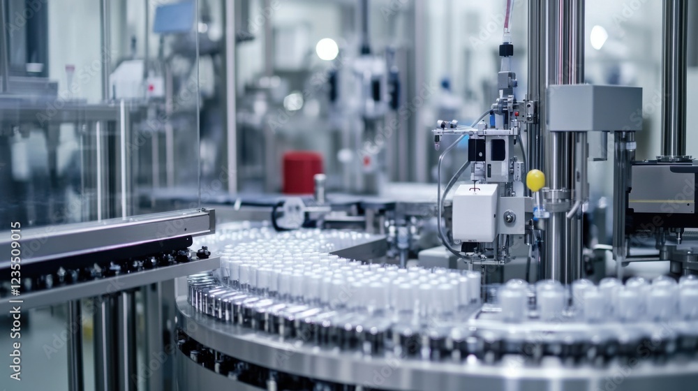A sophisticated pharmaceutical production facility with automated systems manufacturing and packaging pharmaceutical products, Pharmaceutical production facility scene, Medical manufacturing style A sophisticated pharmaceutical production facility with automated systems manufacturing and packaging pharmaceutical products, Pharmaceutical production facility scene, Medical manufacturing style