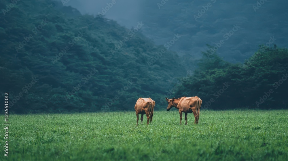 Two Brown Cows in Lush Green Pasture with Foggy Hills Two Brown Cows in Lush Green Pasture with Foggy Hills