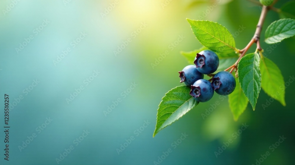 A Vibrant Cluster of Ripe Blueberries on a Lush Green Branch, Basking in the Warm Glow of Sunlight, Presents a Delightful Image of Nature's Bounty. A Vibrant Cluster of Ripe Blueberries on a Lush Green Branch, Basking in the Warm Glow of Sunlight, Presents a Delightful Image of Nature's Bounty.