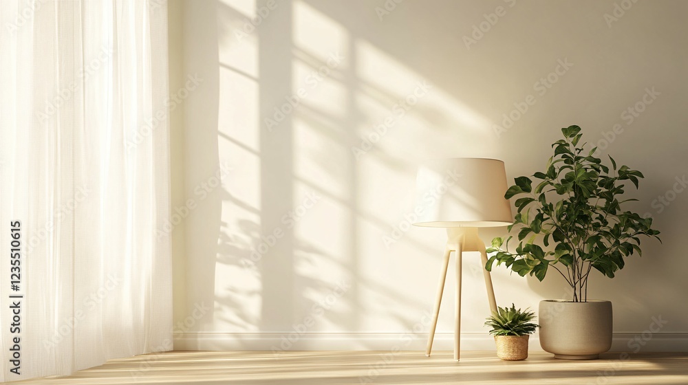 Fototapeta premium Sunlit Room Corner With Plants And Lamp