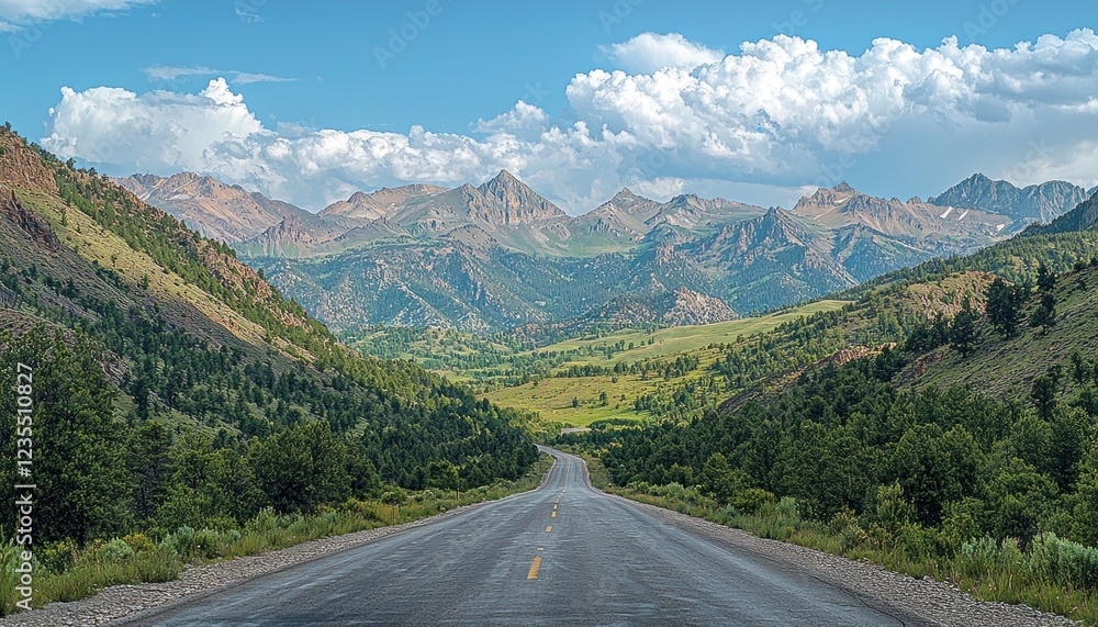 Open road through mountain valley, scenic drive, summer landscape, travel background Open road through mountain valley, scenic drive, summer landscape, travel background