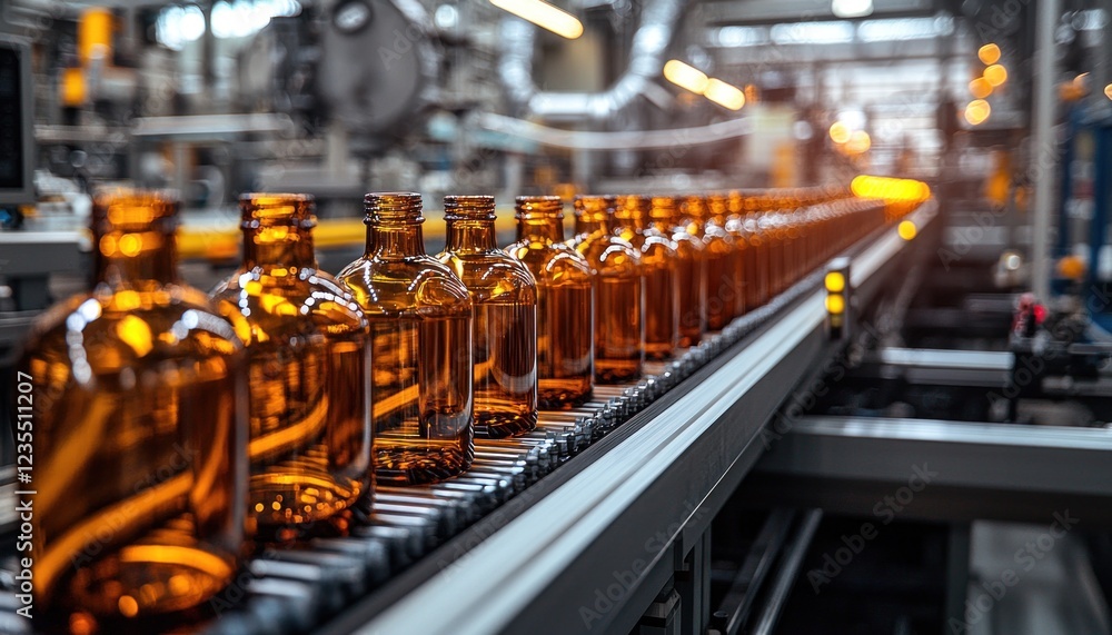 Naklejka premium Brown bottles on a conveyor belt in a factory, ready for filling