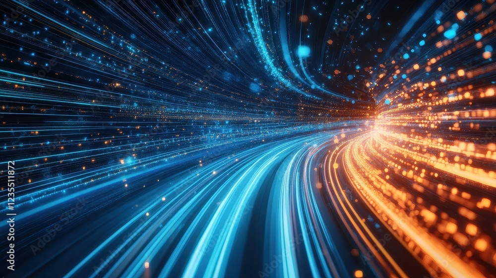 A dynamic motion-blur render of fast-moving data streams forming a digital Earth, illustrating the rapid connectivity of global trade networks.