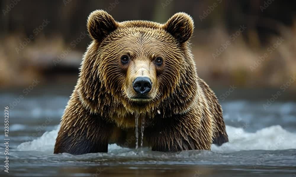 Majestic bear wading through a serene river, surrounded by lush foliage and distant mountains Majestic bear wading through a serene river, surrounded by lush foliage and distant mountains