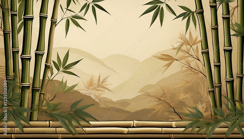 Obraz premium ベージュの和紙に描かれた茶色の竹林風景の背景素材。コピースペースあり。aiで生成 