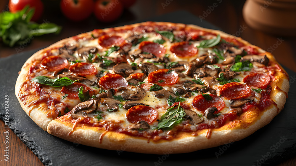 A pizza with pepperoni and mushrooms on it. The pizza is on a black plate A pizza with pepperoni and mushrooms on it. The pizza is on a black plate
