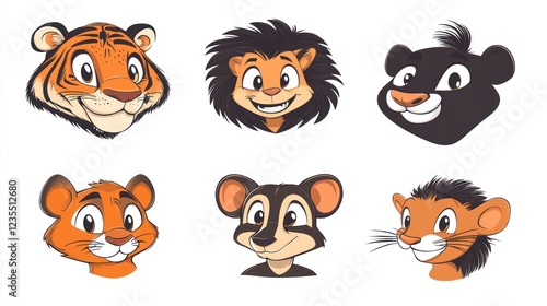 Six cute cartoon animal heads; tiger, lion, bear, raccoon, hedgehog; white background; children's book illustration