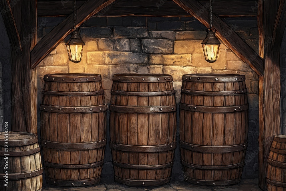 Wooden Barrels In A Stone Cellar With Lanterns Wooden Barrels In A Stone Cellar With Lanterns
