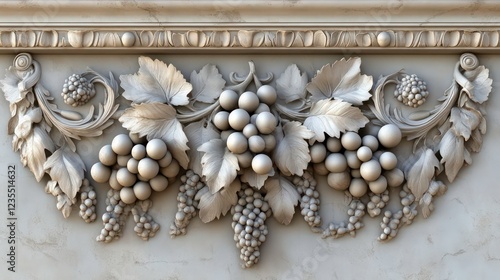 Intricate stone carving of grapes and leaves, classical design element.