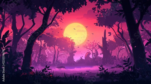 Sunset Silhouette Forest Scene Vibrant Colors Peaceful Atmosphere