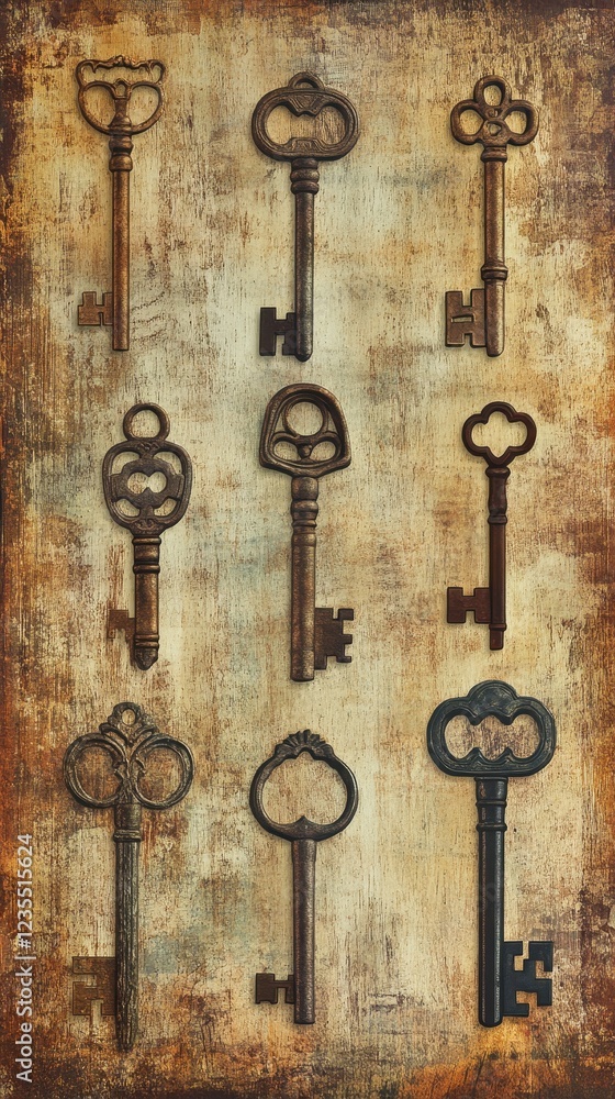 Antique Keys Arranged On A Rustic Wooden Background Antique Keys Arranged On A Rustic Wooden Background