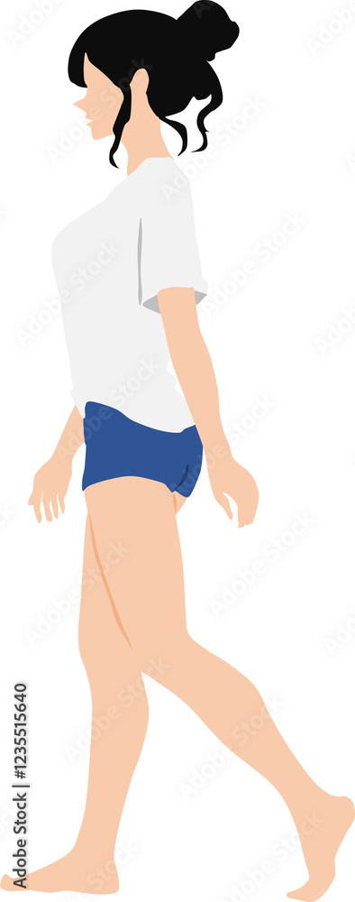 浜辺を白いTシャツを着た女性が歩いているイラスト 浜辺を白いTシャツを着た女性が歩いているイラスト