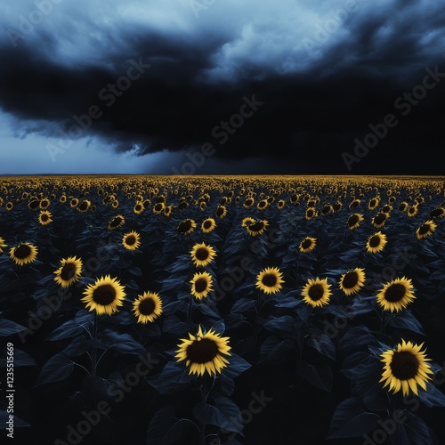 A field of sunflowers under a dark stormy sky. photo