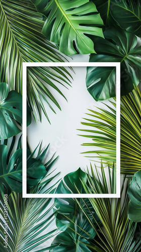 Wallpaper Mural A flat lay composition of layered tropical green leaves with a white square frame ready for text.  Torontodigital.ca