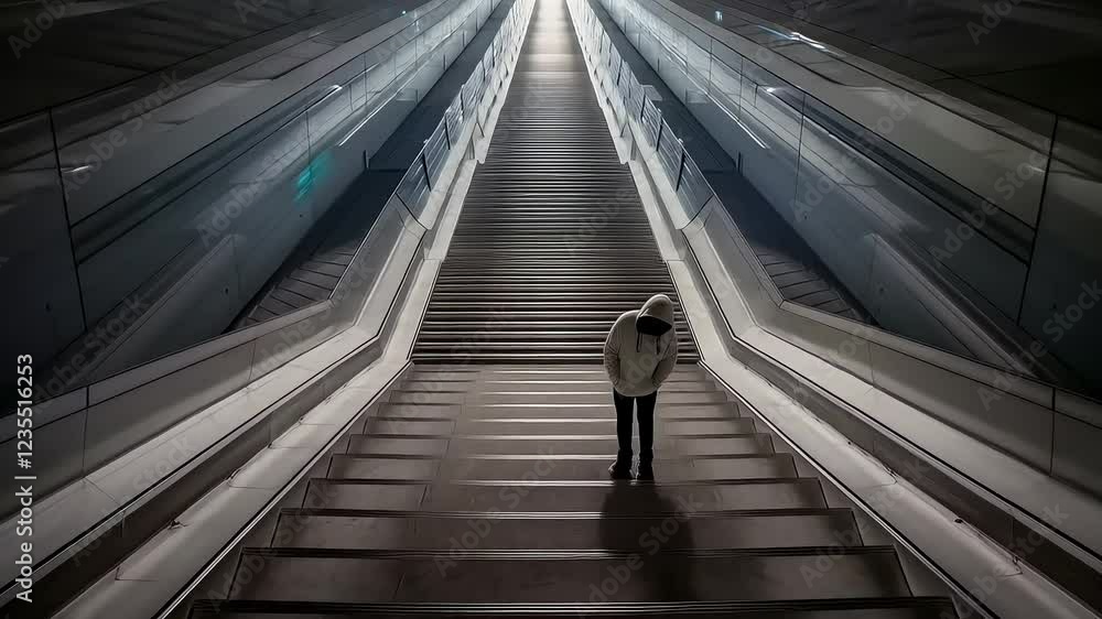 A lone figure stands on a long staircase stretching towards a bright light, minimalist and moody A lone figure stands on a long staircase stretching towards a bright light, minimalist and moody