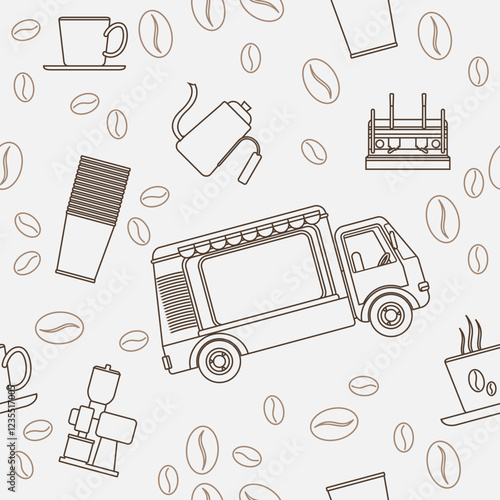 Editable Mobile Coffee Van Shop With Espresso Machine and Brewing Equipment Vector Illustration Seamless Pattern in Outline Style for Creating Background of Cafe Related Concept Purposes