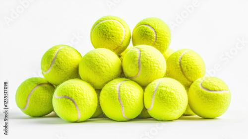 A pile of bright yellow tennis balls stacked together on a white background here