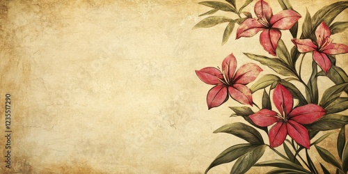 Vintage Floral Design Featuring Red Lilies on Aged Paper