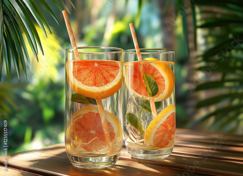 Refreshing citrus drinks, tropical setting, sunlight, wooden table, summer photo