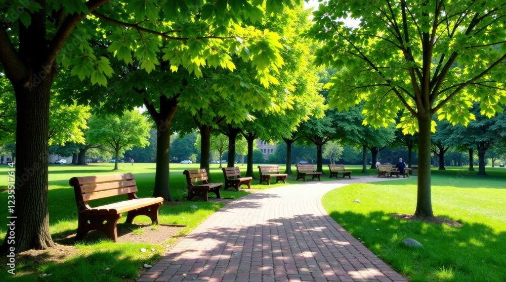 Serene Park Pathway with Benches Under Lush Green Canopies on a Sunny Day Serene Park Pathway with Benches Under Lush Green Canopies on a Sunny Day