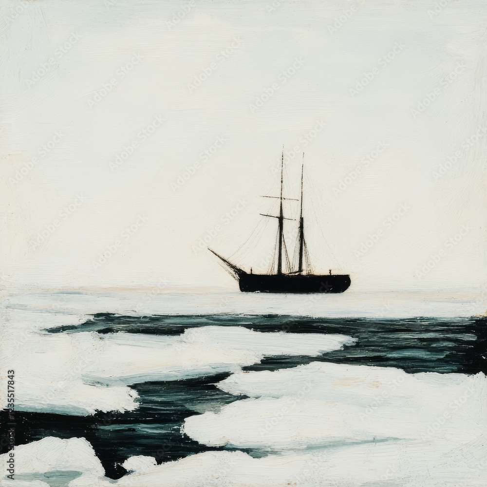 Obraz premium A ship navigating through icy waters, with pack ice and icebergs.