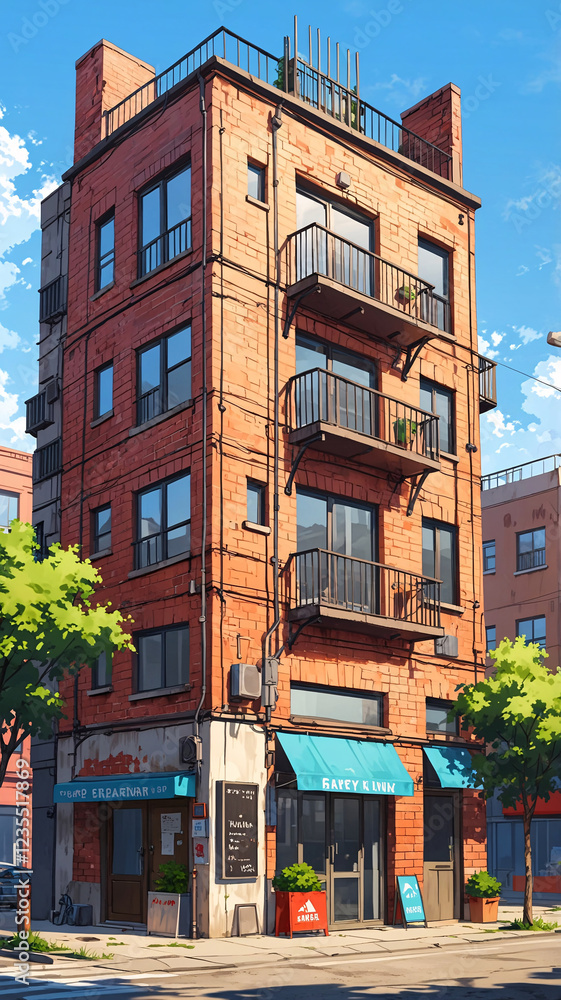 Naklejka premium Eerie and Surreal Anime Art Depiction of Classic Apartment Building Left in a Rustic Abandoned State Background Illustration Aesthetic